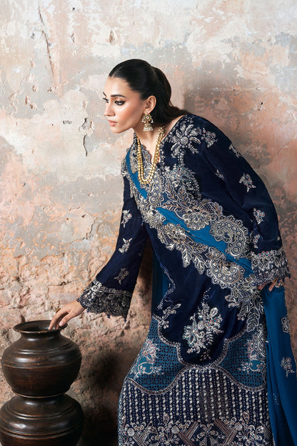 Deep Blue Embroidered Micro Velvet 3-Piece Suit | Chiffon Dupatta & Raw Silk Trouser – Readymade Pakistani Winter Luxury Formal UK | Velvet Vol 7 V-703 - View 4