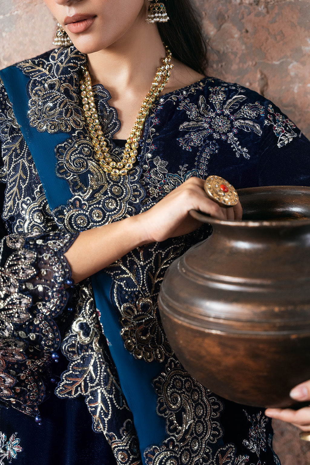 Deep Blue Embroidered Micro Velvet 3-Piece Suit | Chiffon Dupatta & Raw Silk Trouser – Readymade Pakistani Winter Luxury Formal UK | Velvet Vol 7 V-703 - View 5