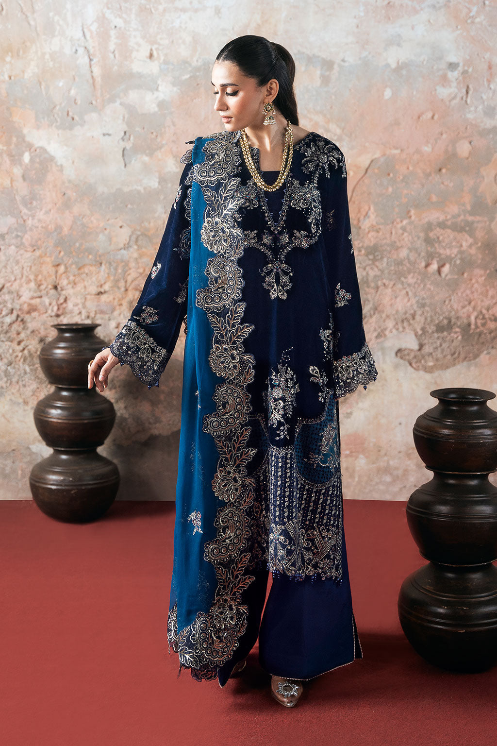 Deep Blue Embroidered Micro Velvet 3-Piece Suit | Chiffon Dupatta & Raw Silk Trouser – Readymade Pakistani Winter Luxury Formal UK | Velvet Vol 7 V-703 - View 1