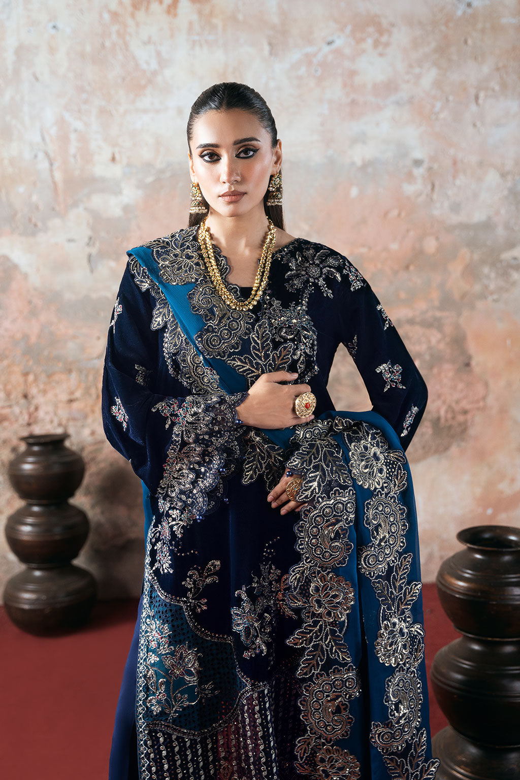 Deep Blue Embroidered Micro Velvet 3-Piece Suit | Chiffon Dupatta & Raw Silk Trouser – Readymade Pakistani Winter Luxury Formal UK | Velvet Vol 7 V-703 - View 6