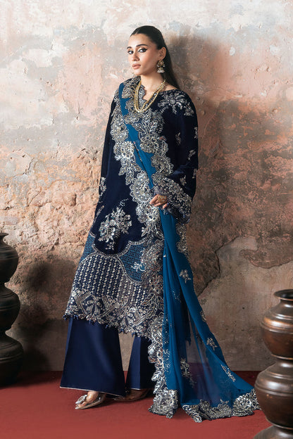 Deep Blue Embroidered Micro Velvet 3-Piece Suit | Chiffon Dupatta & Raw Silk Trouser – Readymade Pakistani Winter Luxury Formal UK | Velvet Vol 7 V-703 - View 7