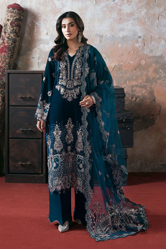 Emerald Green Embroidered Micro Velvet 3-Piece Suit | Net Dupatta & Raw Silk Trouser – Stitched Pakistani Winter Luxury Formal UK | Velvet Vol 7 V-707 - View 1