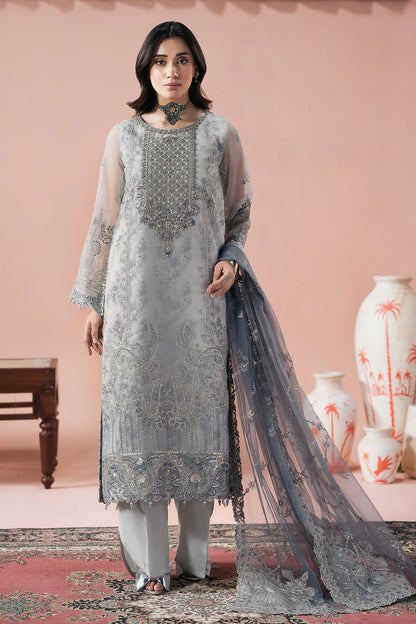 Silver Grey Hand-Embellished Organza 3-Piece Suit with Printed Inner | Raw Silk Trouser – Readymade Pakistani Festive Formal UK | Rangeen PS-106 - View 2
