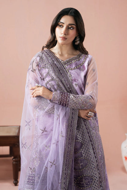 Deep Lilac Hand-Embellished Net Embroidered Shirt with Printed Inner & Flared Sharara | Net Dupatta – Stitched Pakistani Festive Formal Wear UK | Rangeen PS-101 - View 5