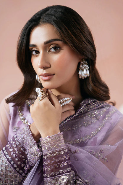 Deep Lilac Hand-Embellished Net Embroidered Shirt with Printed Inner & Flared Sharara | Net Dupatta – Stitched Pakistani Festive Formal Wear UK | Rangeen PS-101 - View 8