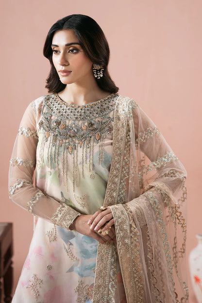 Cream & Peach Pink Hand-Embellished Net Embroidered Shirt & Net Sharara with Printed Inner | Net Dupatta – Ready to Wear Pakistani Festive Formal UK | Rangeen PS-105 - View 3
