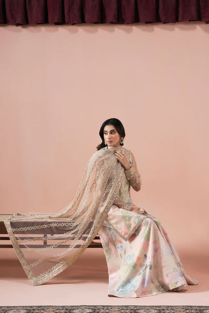 Cream & Peach Pink Hand-Embellished Net Embroidered Shirt & Net Sharara with Printed Inner | Net Dupatta – Ready to Wear Pakistani Festive Formal UK | Rangeen PS-105 - View 4