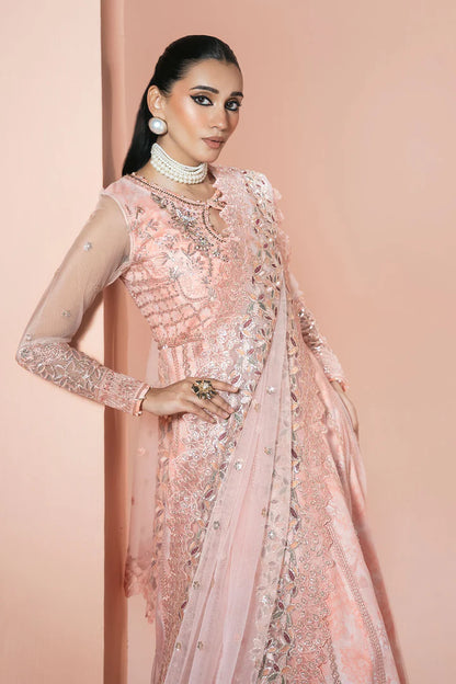 Peach Pink Hand-Embellished Net Flared Long Maxi Dress with Printed Inner | Net Dupatta – Stitched Pakistani Festive Formal UK | Rangeen PS-107 - View 6