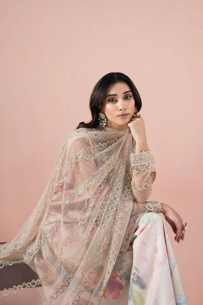 Cream & Peach Pink Hand-Embellished Net Embroidered Shirt & Net Sharara with Printed Inner | Net Dupatta – Ready to Wear Pakistani Festive Formal UK | Rangeen PS-105 - View 5