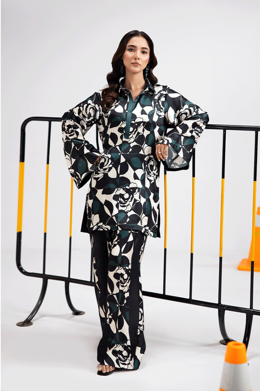 White, Black & Green Multi Digital Printed Silk 2-Piece Co-ord Set | Kurta & Pants – Readymade Pakistani Casual Chic UK | AP-101 - View 1