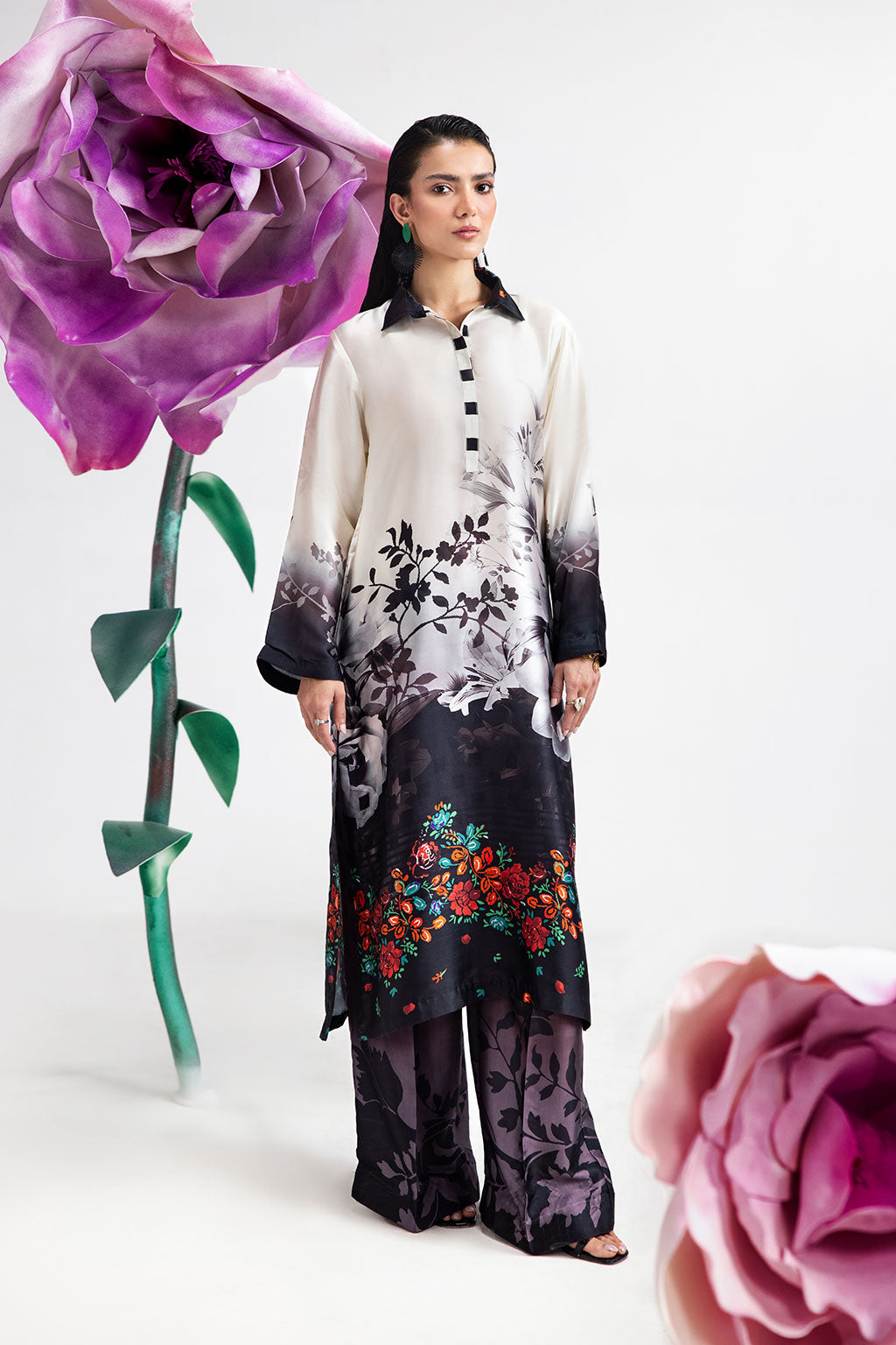 White & Black Digital Printed Silk 2-Piece Co-ord Set | Shirt & Straight Pants – Readymade Pakistani Casual Chic UK | AP-109 - View 1
