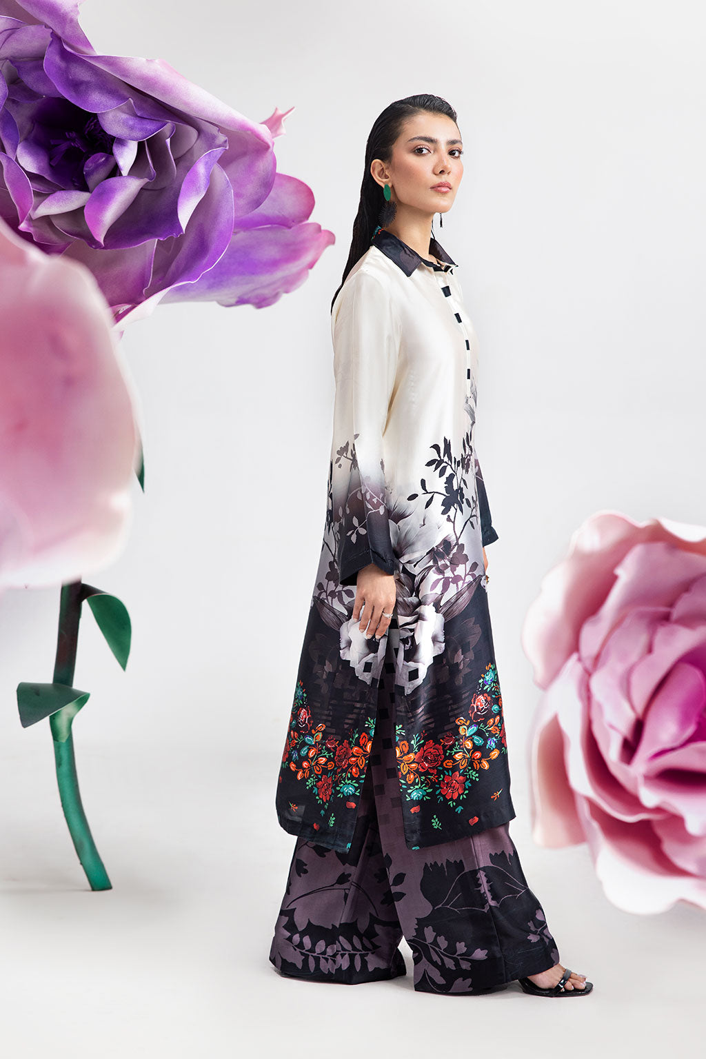 White & Black Digital Printed Silk 2-Piece Co-ord Set | Shirt & Straight Pants – Readymade Pakistani Casual Chic UK | AP-109 - View 3