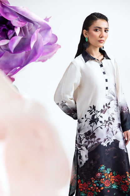 White & Black Digital Printed Silk 2-Piece Co-ord Set | Shirt & Straight Pants – Readymade Pakistani Casual Chic UK | AP-109 - View 4