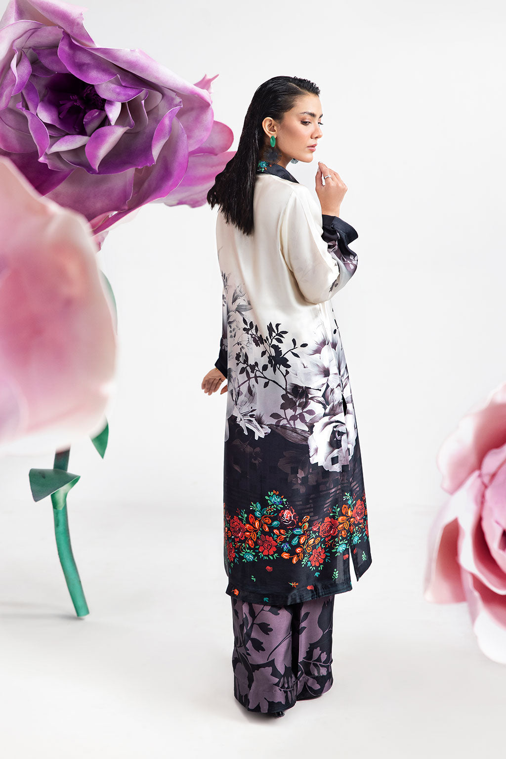 White & Black Digital Printed Silk 2-Piece Co-ord Set | Shirt & Straight Pants – Readymade Pakistani Casual Chic UK | AP-109 - View 5