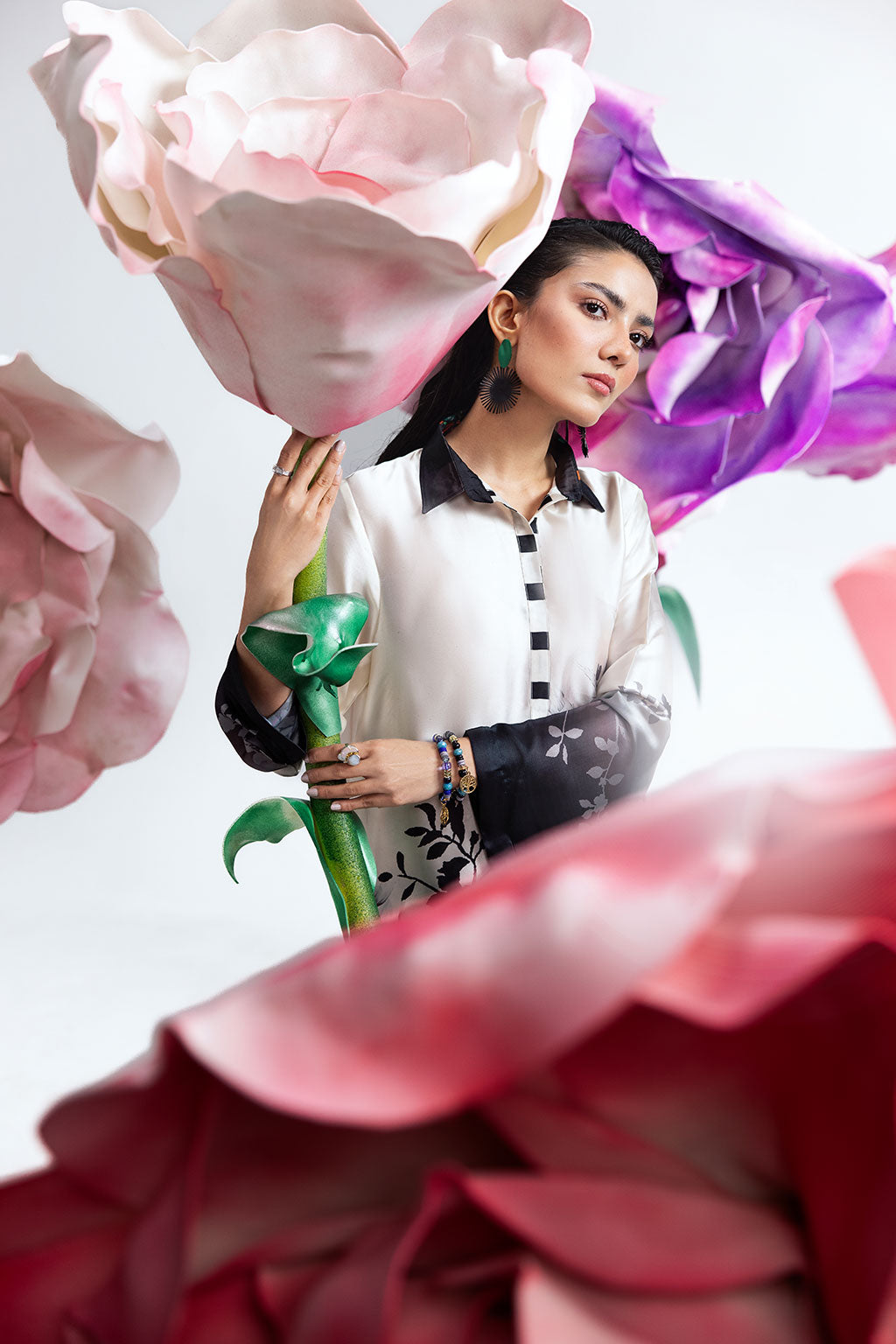 White & Black Digital Printed Silk 2-Piece Co-ord Set | Shirt & Straight Pants – Readymade Pakistani Casual Chic UK | AP-109 - View 6