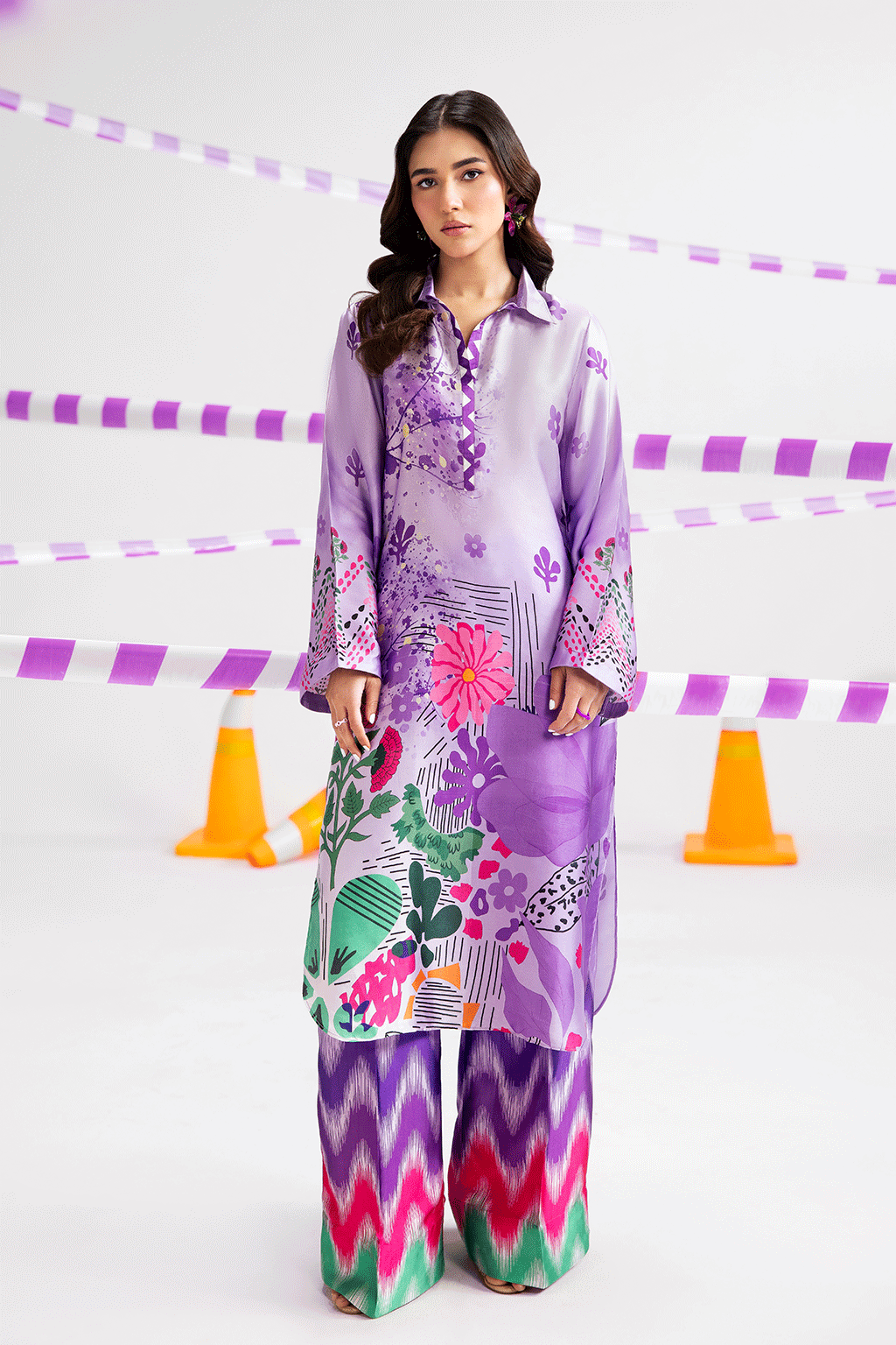 Lilac & Purple Digital Printed Silk 2-Piece Co-ord Set | Extended Shirt & Straight Pants – Ready to Wear Pakistani Casual UK | AP-115 - View 1