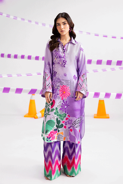 Lilac & Purple Digital Printed Silk 2-Piece Co-ord Set | Extended Shirt & Straight Pants – Ready to Wear Pakistani Casual UK | AP-115 - View 1