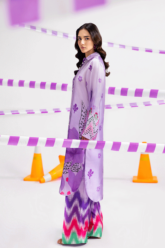 Lilac & Purple Digital Printed Silk 2-Piece Co-ord Set | Extended Shirt & Straight Pants – Ready to Wear Pakistani Casual UK | AP-115 - View 2