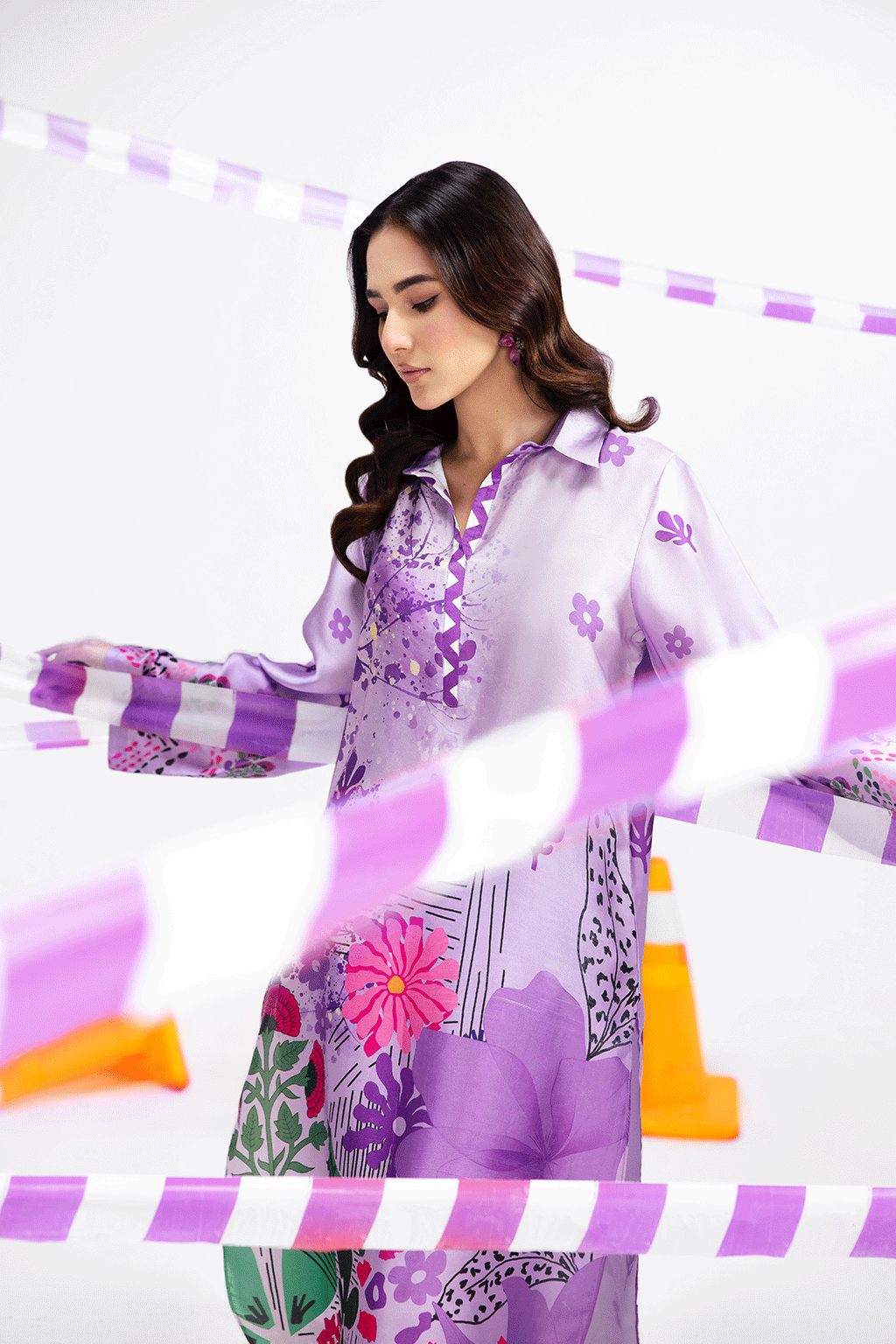 Lilac & Purple Digital Printed Silk 2-Piece Co-ord Set | Extended Shirt & Straight Pants – Ready to Wear Pakistani Casual UK | AP-115 - View 4