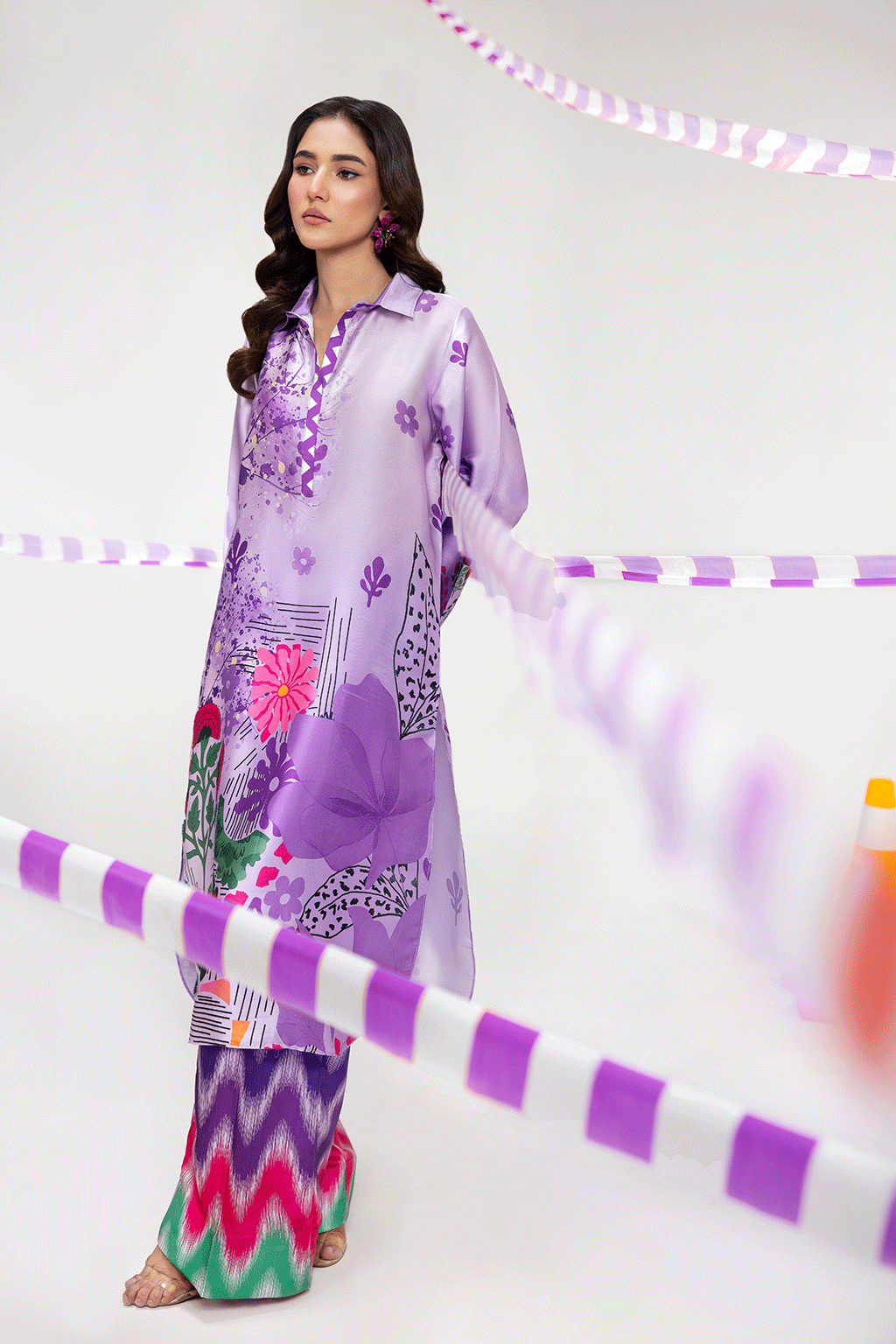 Lilac & Purple Digital Printed Silk 2-Piece Co-ord Set | Extended Shirt & Straight Pants – Ready to Wear Pakistani Casual UK | AP-115 - View 6