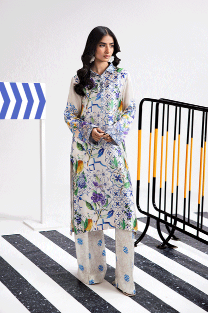 Pearl White Digital Printed Silk 2-Piece Co-ord Set | Extended Shirt & Straight Pants – Ready to Wear Pakistani Casual UK | AP-105 - View 1