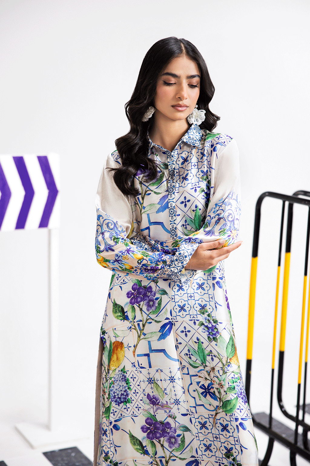 Pearl White Digital Printed Silk 2-Piece Co-ord Set | Extended Shirt & Straight Pants – Ready to Wear Pakistani Casual UK | AP-105 - View 2