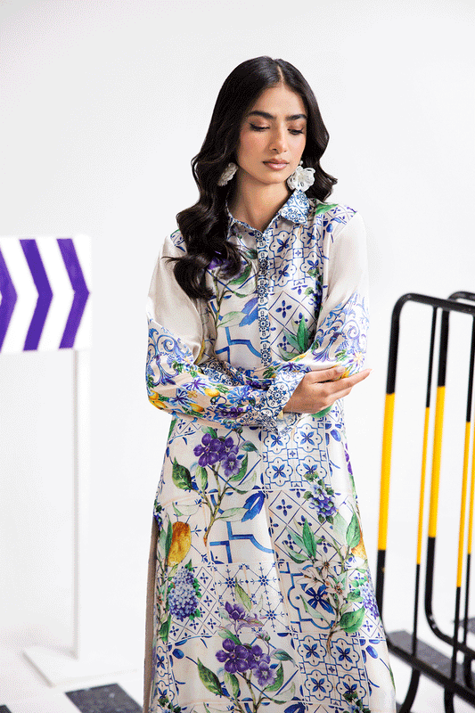 Pearl White Digital Printed Silk 2-Piece Co-ord Set | Extended Shirt & Straight Pants – Ready to Wear Pakistani Casual UK | AP-105 - View 2