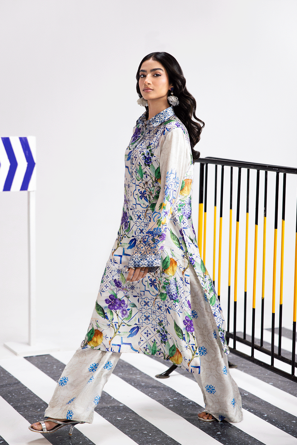 Pearl White Digital Printed Silk 2-Piece Co-ord Set | Extended Shirt & Straight Pants – Ready to Wear Pakistani Casual UK | AP-105 - View 3