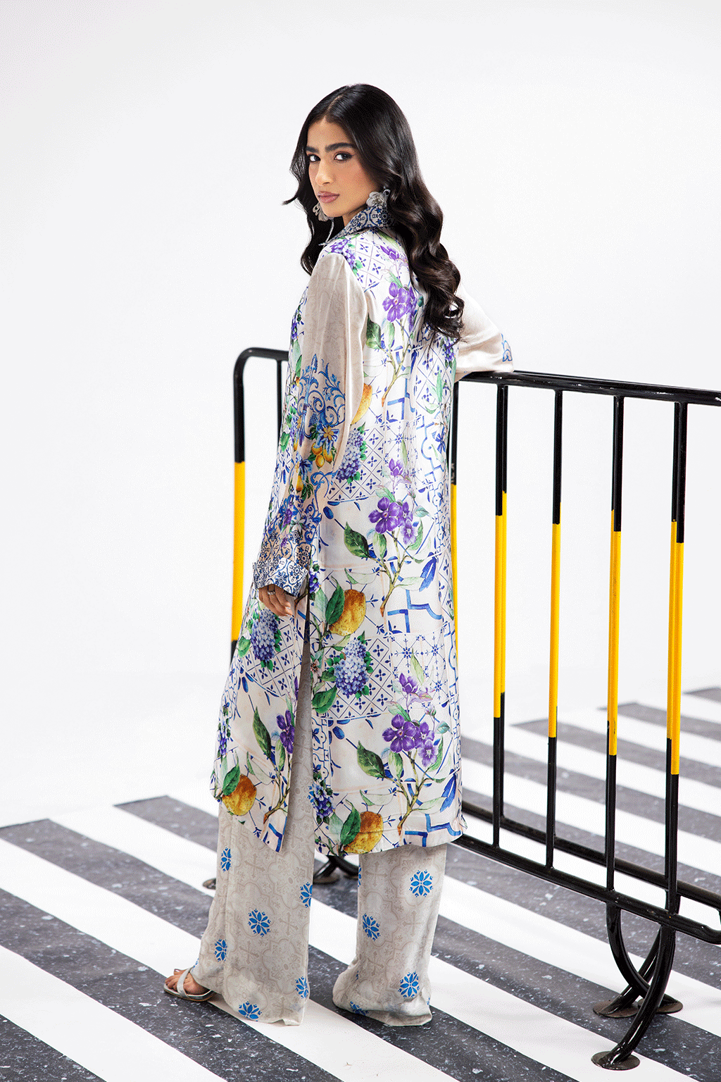 Pearl White Digital Printed Silk 2-Piece Co-ord Set | Extended Shirt & Straight Pants – Ready to Wear Pakistani Casual UK | AP-105 - View 4