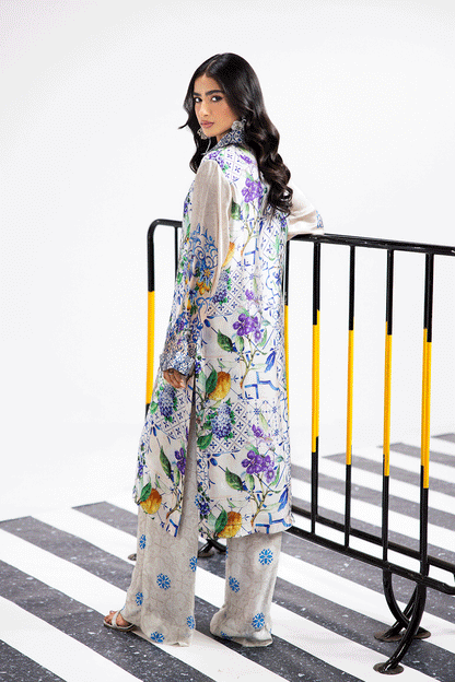 Pearl White Digital Printed Silk 2-Piece Co-ord Set | Extended Shirt & Straight Pants – Ready to Wear Pakistani Casual UK | AP-105 - View 4