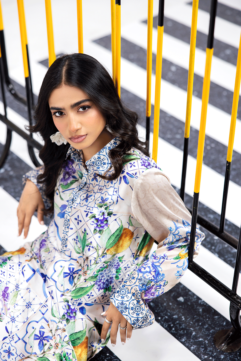 Pearl White Digital Printed Silk 2-Piece Co-ord Set | Extended Shirt & Straight Pants – Ready to Wear Pakistani Casual UK | AP-105 - View 5