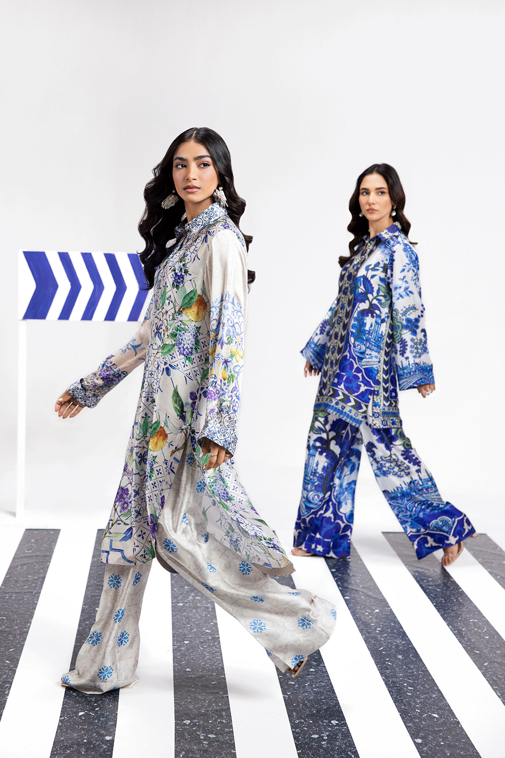 Pearl White Digital Printed Silk 2-Piece Co-ord Set | Extended Shirt & Straight Pants – Ready to Wear Pakistani Casual UK | AP-105 - View 6