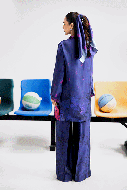 Blue Digital Printed Silk 2-Piece Co-ord Set | Shirt & Straight Pants – Stitched Pakistani Casual Chic UK | AP-117 - View 3