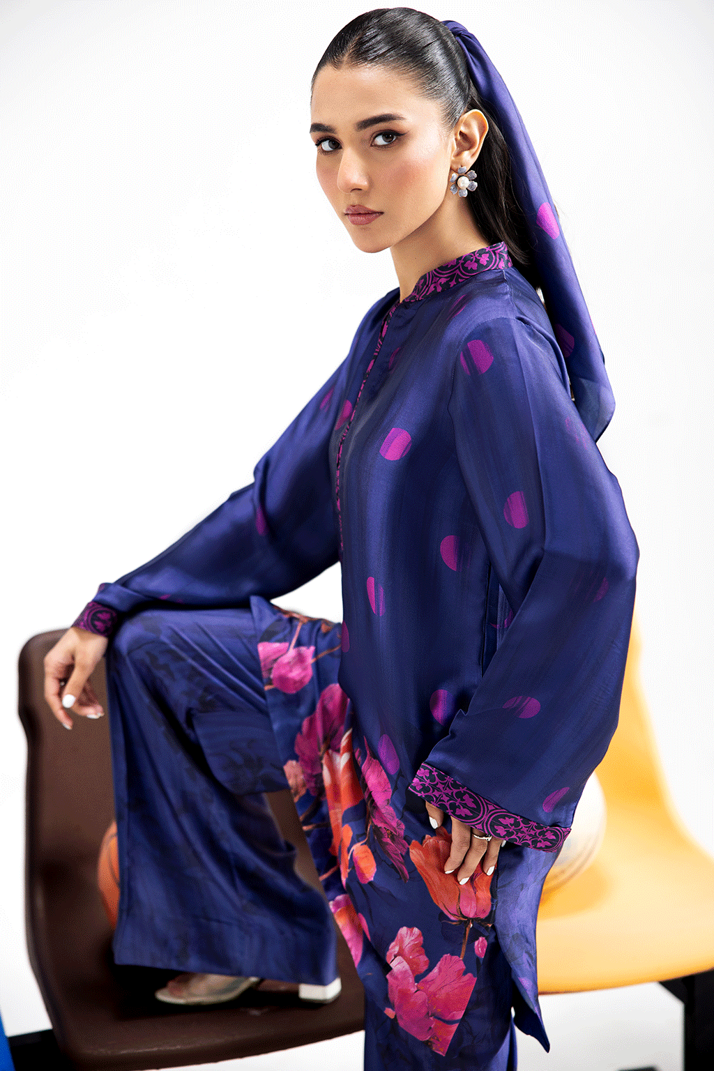 Blue Digital Printed Silk 2-Piece Co-ord Set | Shirt & Straight Pants – Stitched Pakistani Casual Chic UK | AP-117 - View 4