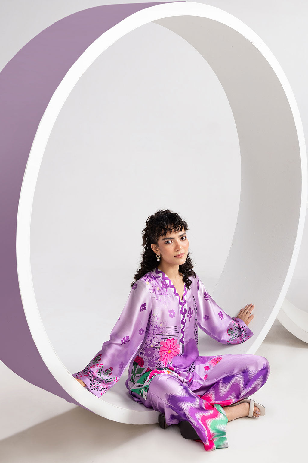 Lilac Digital Printed Silk 2-Piece Co-ord Set | Shirt & Straight Pants – Stitched Pakistani Casual Chic UK | AP-107 - View 6