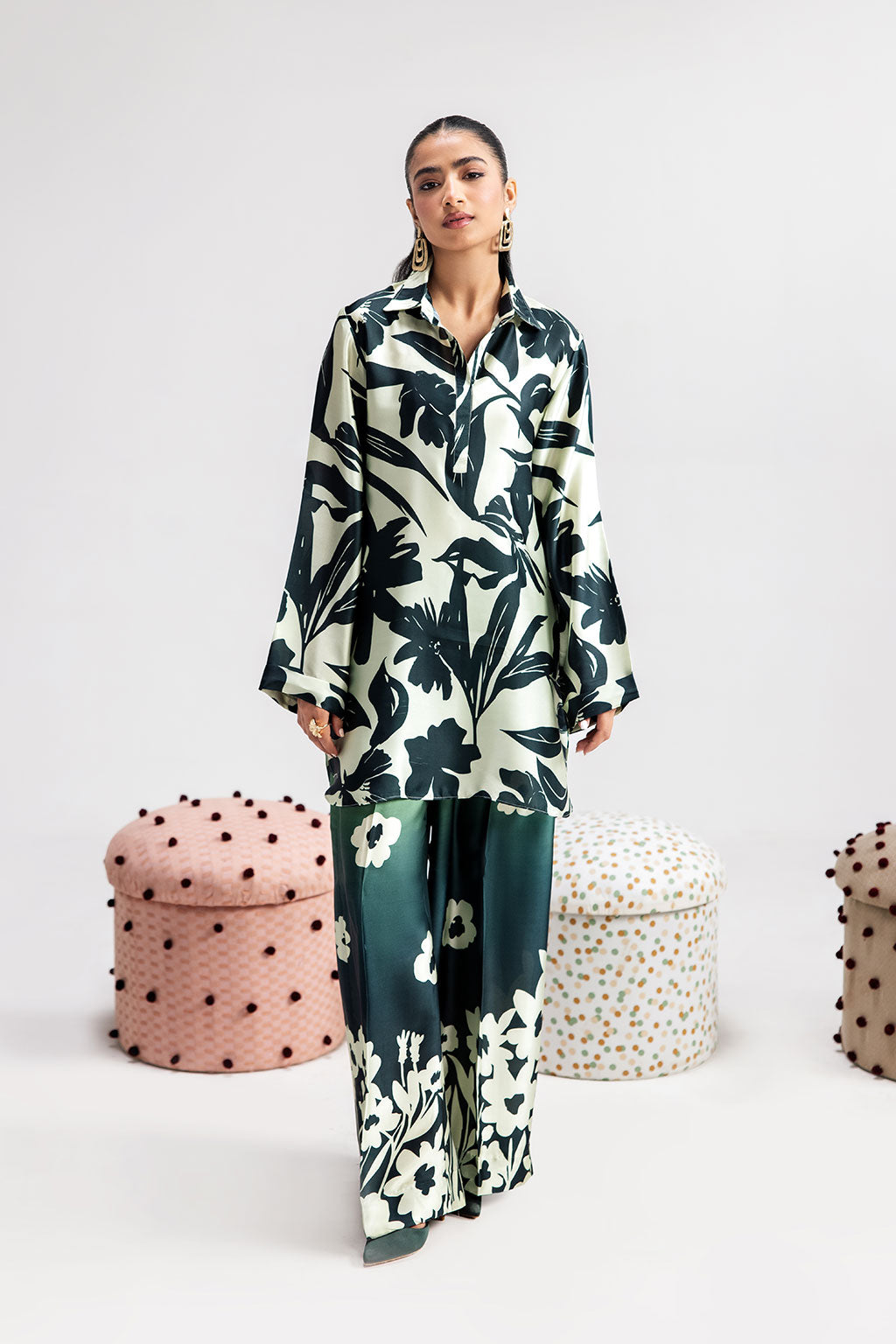 White & Green Digital Printed Silk 2-Piece Co-ord Set | Shirt & Straight Pants – Readymade Pakistani Casual Chic UK | AP-106 - View 1