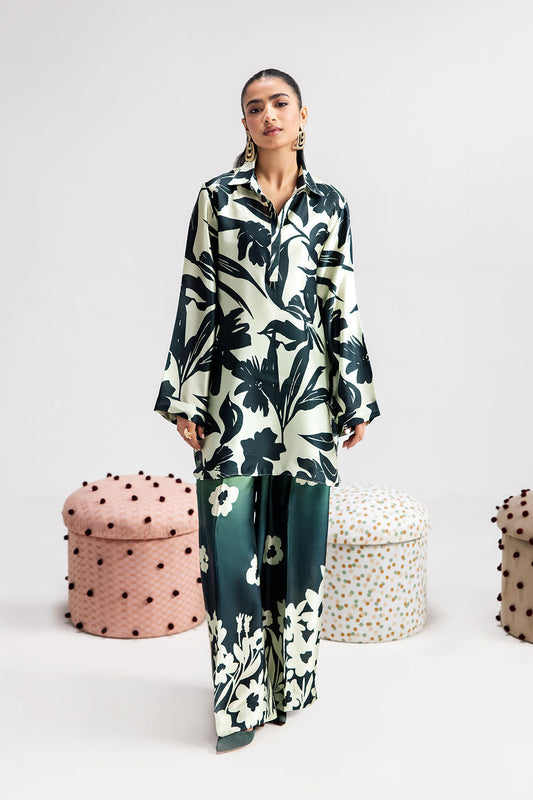 White & Green Digital Printed Silk 2-Piece Co-ord Set | Shirt & Straight Pants – Readymade Pakistani Casual Chic UK | AP-106 - View 1