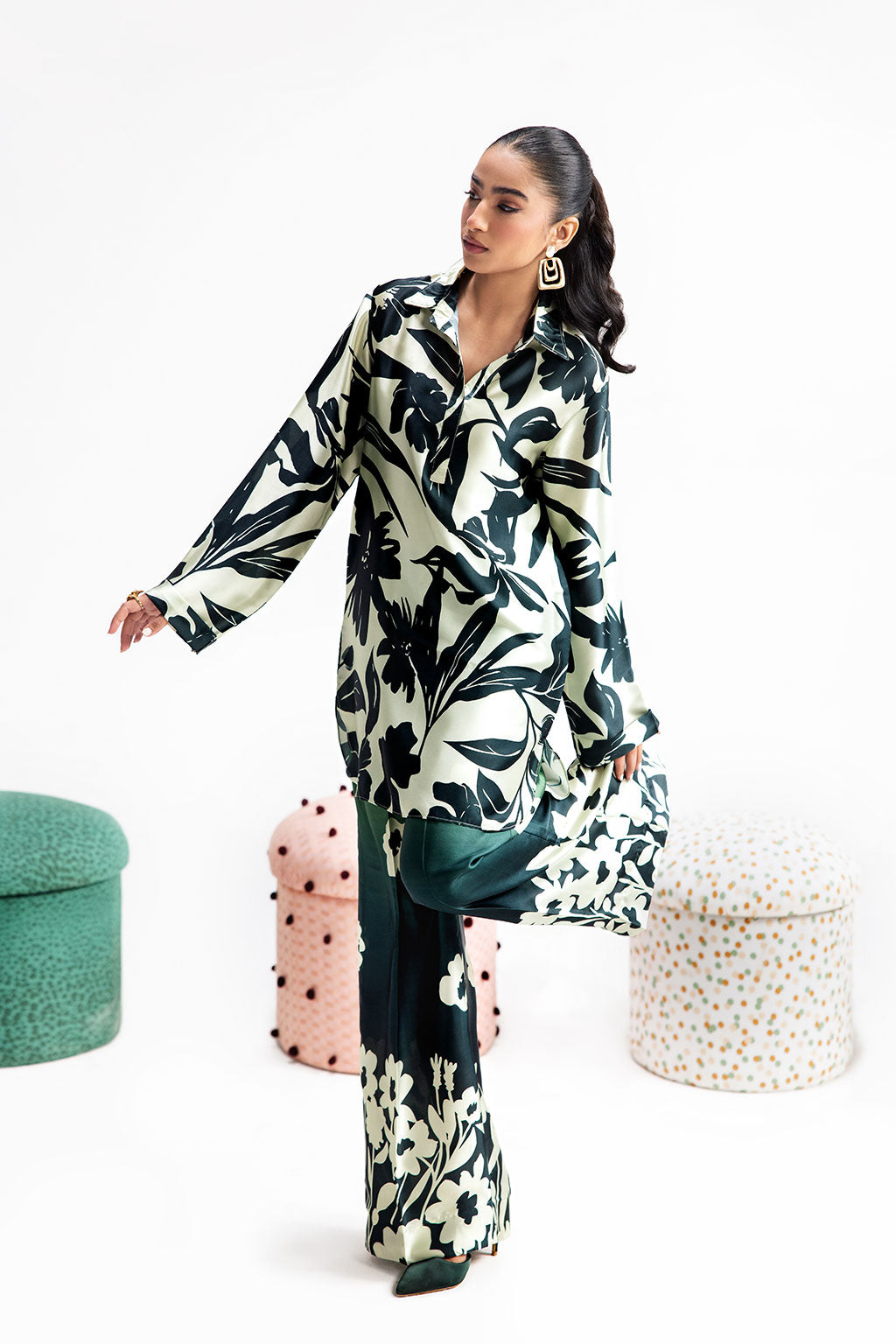 White & Green Digital Printed Silk 2-Piece Co-ord Set | Shirt & Straight Pants – Readymade Pakistani Casual Chic UK | AP-106 - View 2