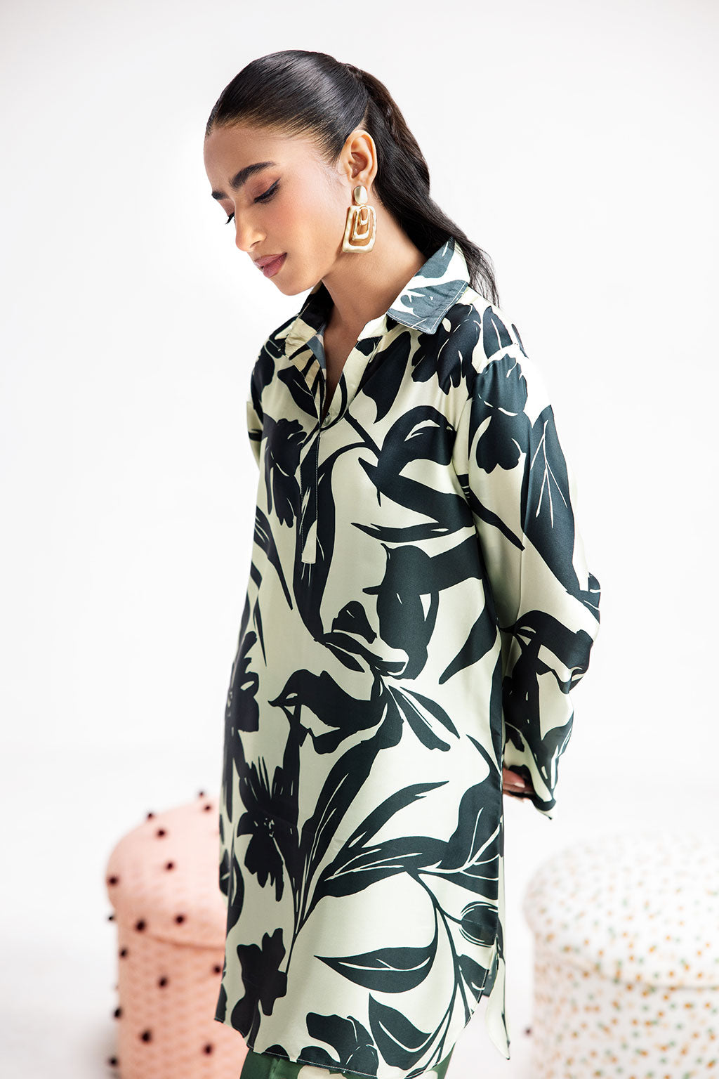 White & Green Digital Printed Silk 2-Piece Co-ord Set | Shirt & Straight Pants – Readymade Pakistani Casual Chic UK | AP-106 - View 3