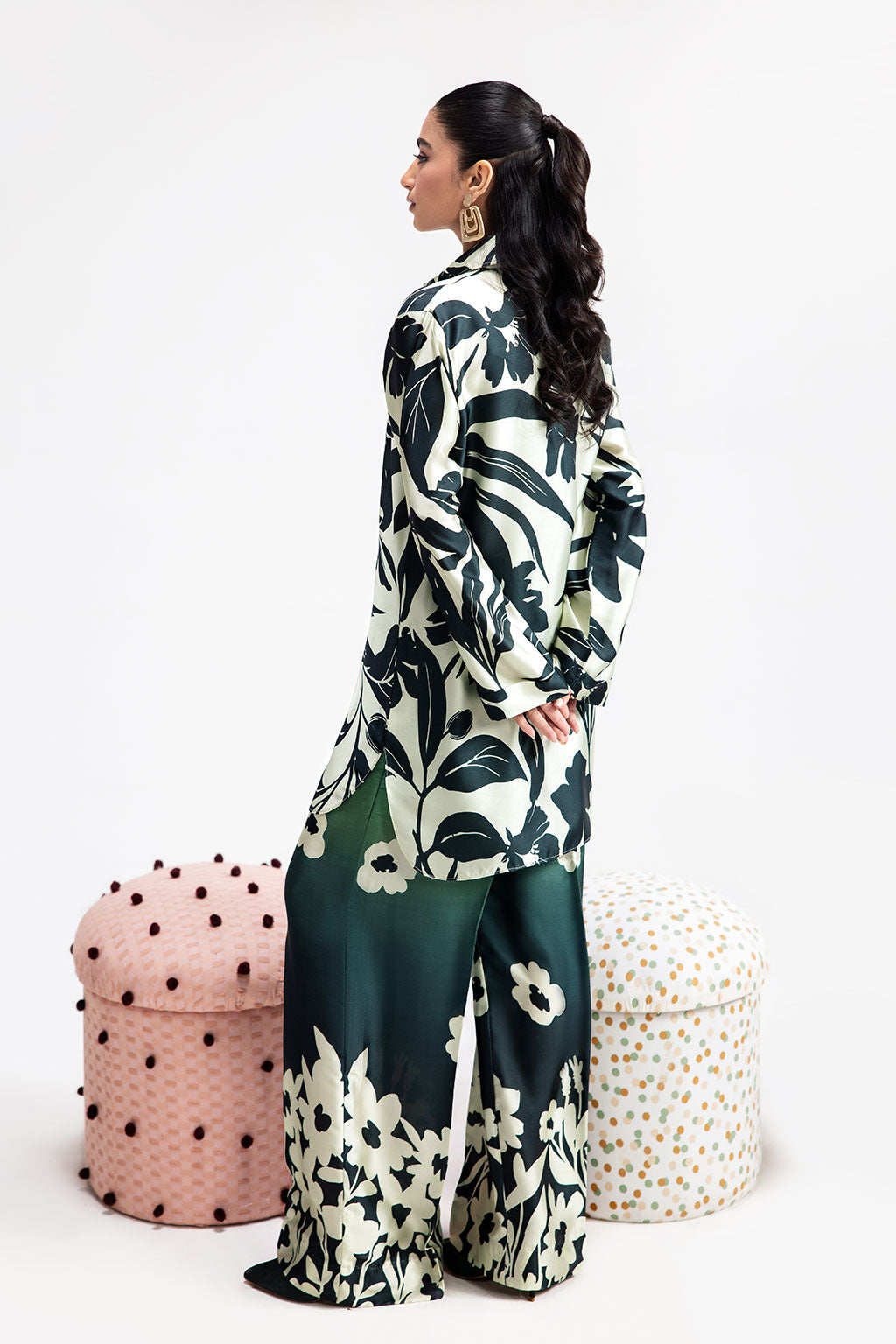 White & Green Digital Printed Silk 2-Piece Co-ord Set | Shirt & Straight Pants – Readymade Pakistani Casual Chic UK | AP-106 - View 4
