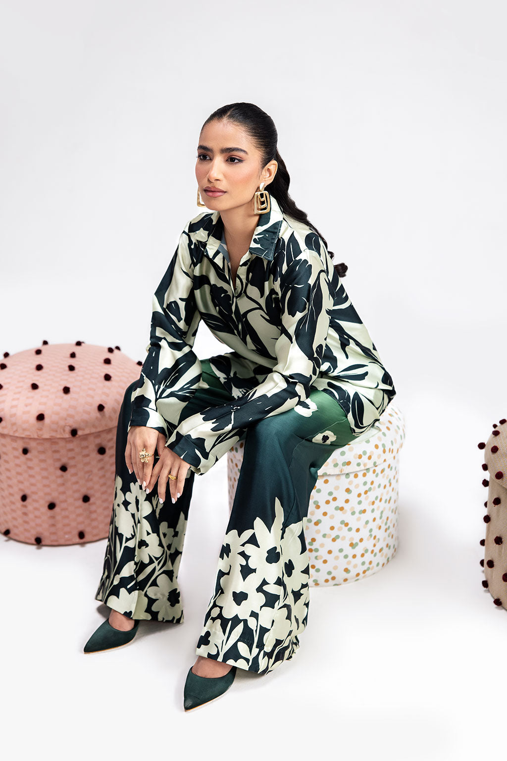 White & Green Digital Printed Silk 2-Piece Co-ord Set | Shirt & Straight Pants – Readymade Pakistani Casual Chic UK | AP-106 - View 5