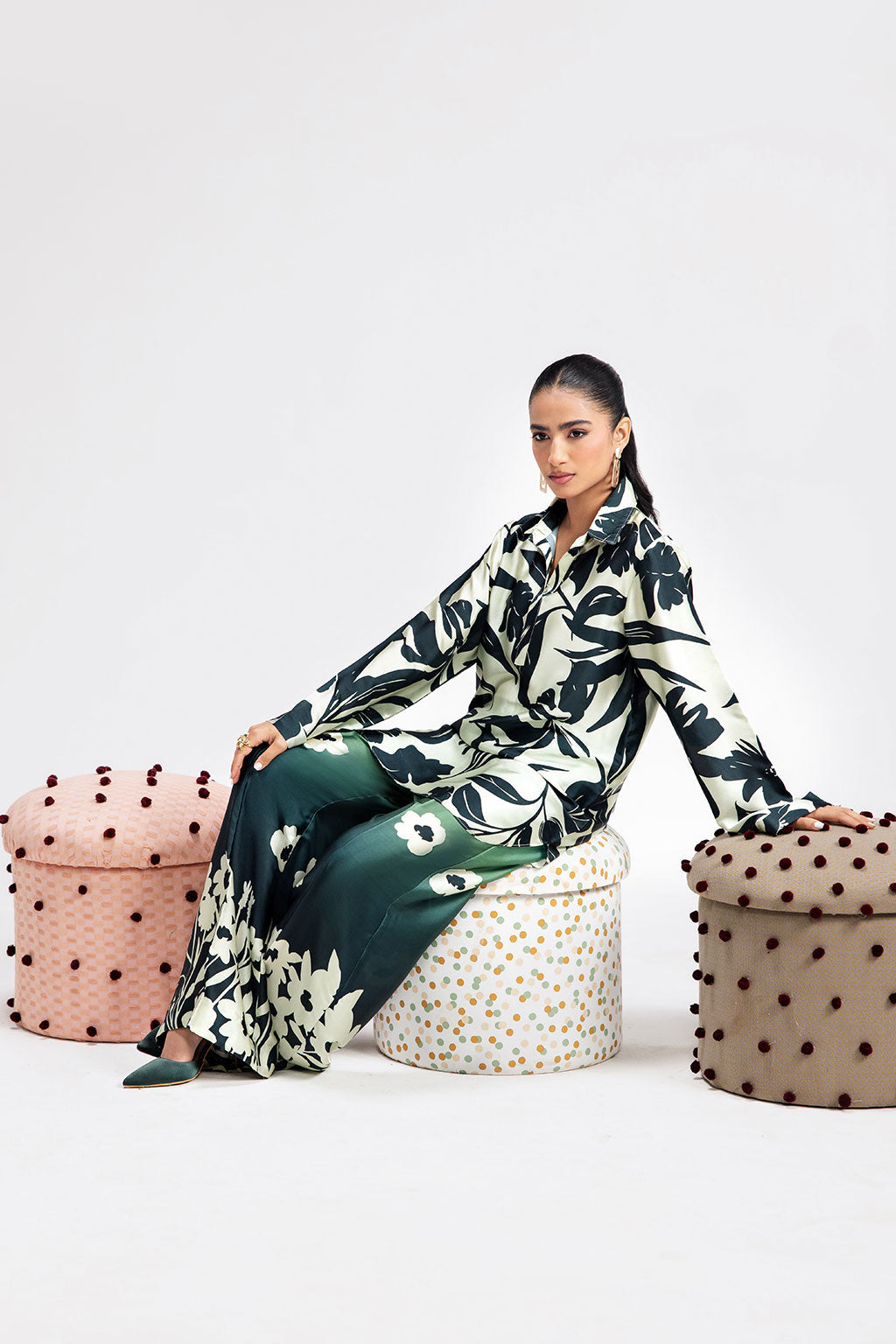 White & Green Digital Printed Silk 2-Piece Co-ord Set | Shirt & Straight Pants – Readymade Pakistani Casual Chic UK | AP-106 - View 6