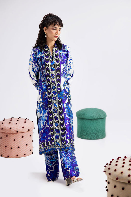 White & Blue Digital Printed Silk 2-Piece Co-ord Set | Extended Shirt & Straight Pants – Ready to Wear Pakistani Casual UK | AP-112 - View 1