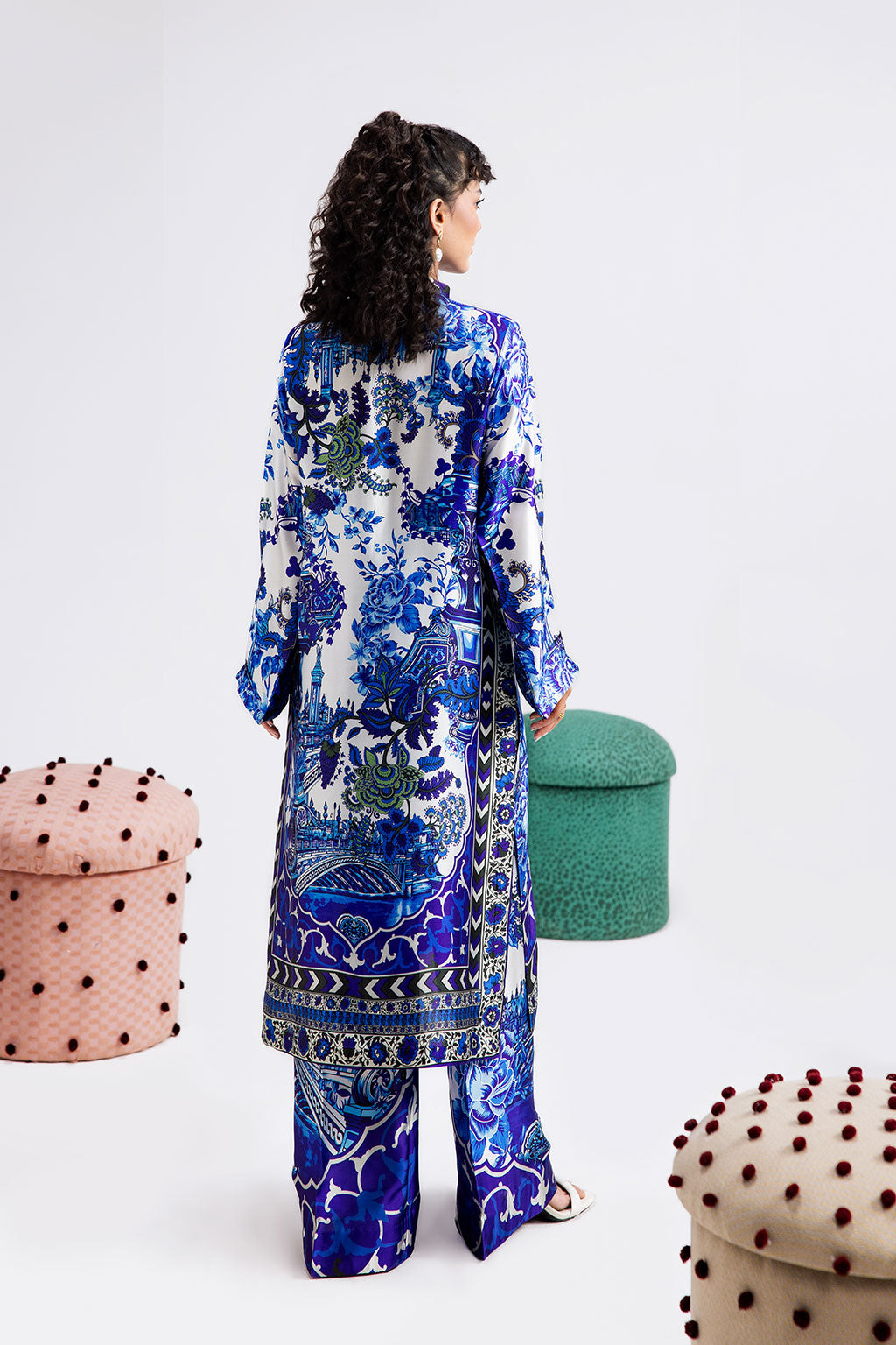 White & Blue Digital Printed Silk 2-Piece Co-ord Set | Extended Shirt & Straight Pants – Ready to Wear Pakistani Casual UK | AP-112 - View 3