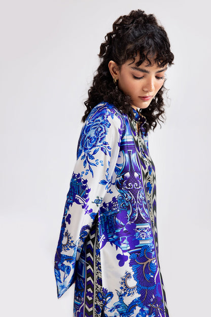 White & Blue Digital Printed Silk 2-Piece Co-ord Set | Extended Shirt & Straight Pants – Ready to Wear Pakistani Casual UK | AP-112 - View 4
