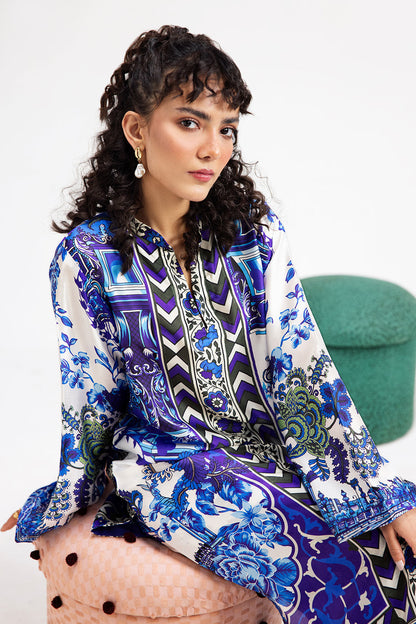 White & Blue Digital Printed Silk 2-Piece Co-ord Set | Extended Shirt & Straight Pants – Ready to Wear Pakistani Casual UK | AP-112 - View 5