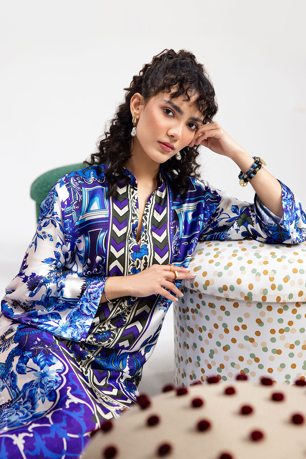 White & Blue Digital Printed Silk 2-Piece Co-ord Set | Extended Shirt & Straight Pants – Ready to Wear Pakistani Casual UK | AP-112 - View 6