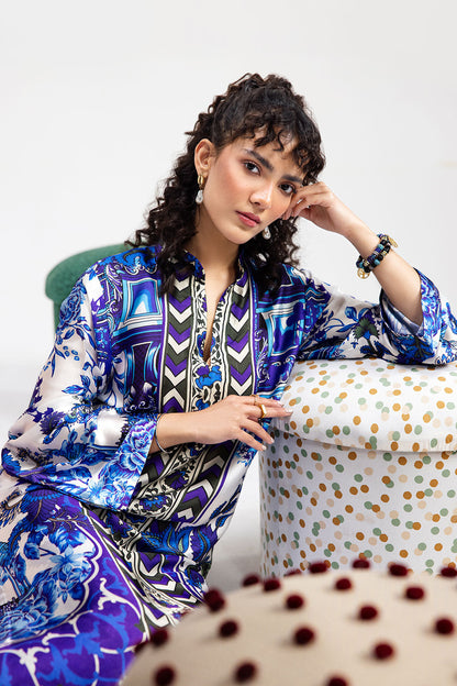 White & Blue Digital Printed Silk 2-Piece Co-ord Set | Extended Shirt & Straight Pants – Ready to Wear Pakistani Casual UK | AP-112 - View 6
