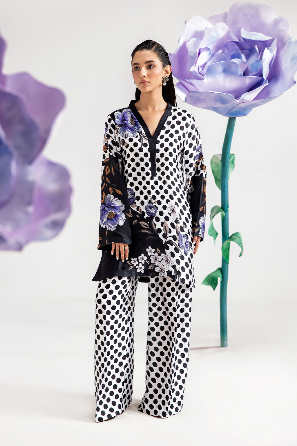 White Polka Dot Digital Printed Silk 2-Piece Co-ord Set | Shirt & Straight Pants – Stitched Pakistani Casual Chic UK | AP-110 - View 1