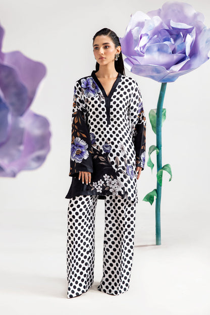 White Polka Dot Digital Printed Silk 2-Piece Co-ord Set | Shirt & Straight Pants – Stitched Pakistani Casual Chic UK | AP-110 - View 1